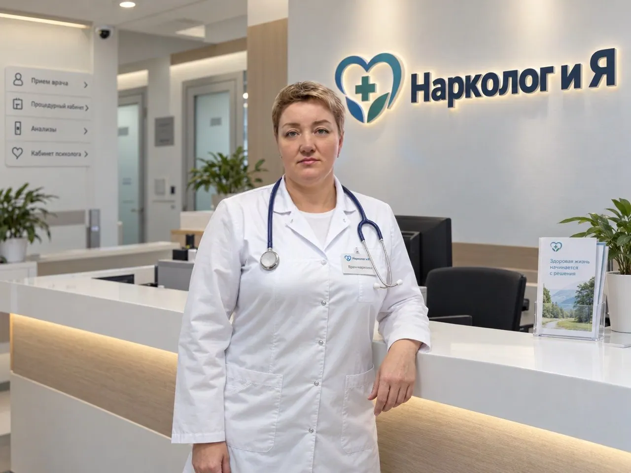 Человек в белом халате у стойки приёма, на стене логотип «Нарколог и Я»